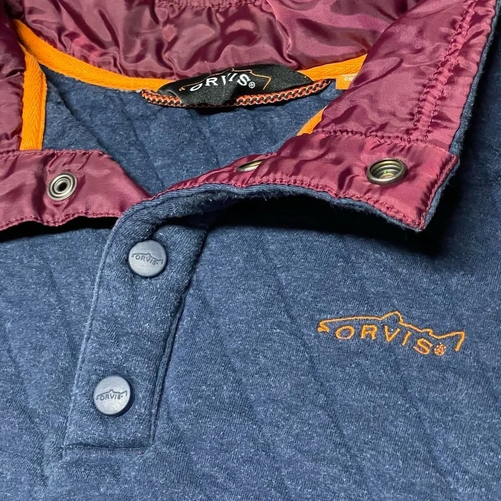Orvis Trout Bum Quilted Pullover Jacket Shirt Blue Mens Large Snap Button Casual